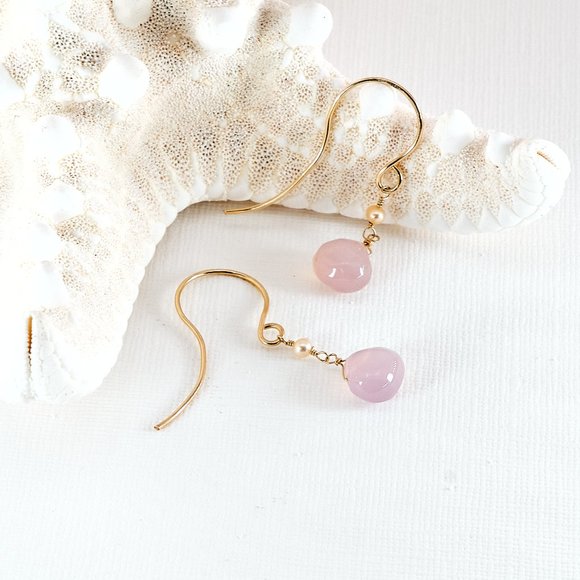 Pink Chalcedony & Pearl Earrings, 14K Gold Filled Gemstone Earrings - Picture 7 of 13